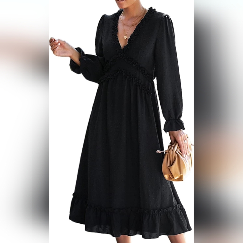 Long Sleeve, Swiss Dot Black Women's Dress